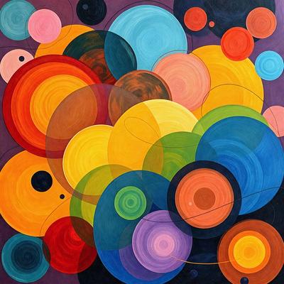 The primary subject of the image is a colorful painting featuring a variety of circles and other shapes. The setting is a canvas, and the visual style is a combination of digital art and illustration. The painting is vibrant and lively, with a mix of colors that create a dynamic and engaging atmosphere.